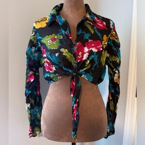 Speed Limit Women’s Floral Button-Down Tie-Front Shirt - Black Multicolor M